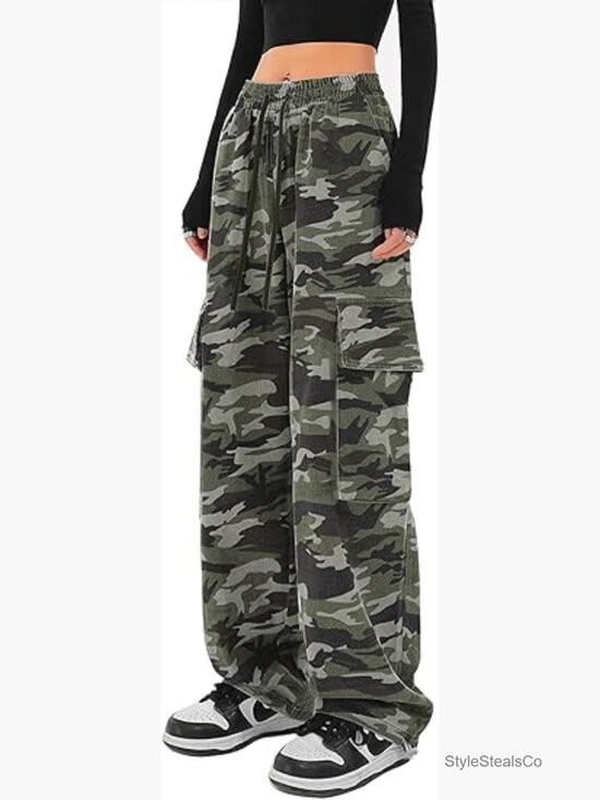 Pants - Women's Baggy Cargo Pants Wide Leg Drawstring High Waist Casual Trousers